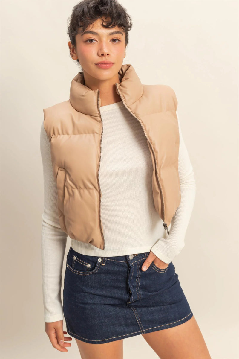 Faux Leather Cropped Puffer Vest