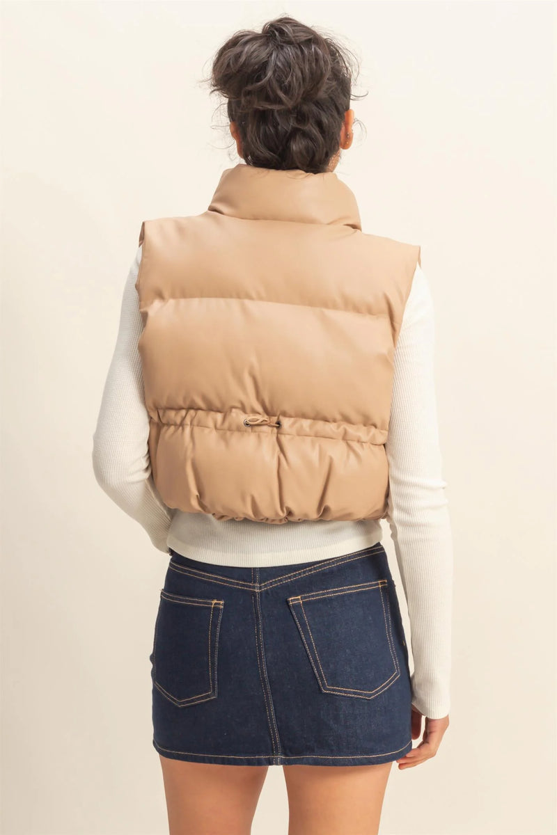 Faux Leather Cropped Puffer Vest