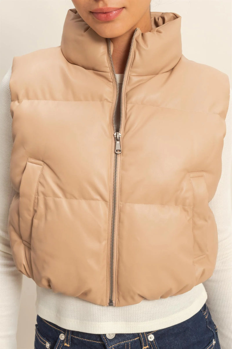 Faux Leather Cropped Puffer Vest